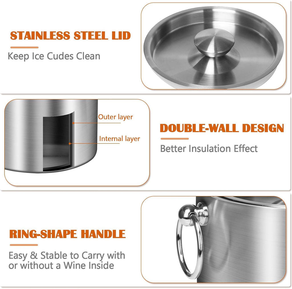 Ice Bucket with Lid & Tong- Well Made Insulated Stainless Steel Keep Ice Frozen Longer