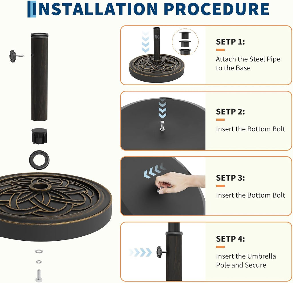 Round Patio Umbrella Base, 20" 26.5LB Heavy Weight Stand Antiqued Umbrella Stand with Adjustable Pole Adapters Fits