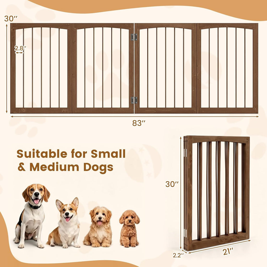 4-Panel Wooden Pet Gate, Free Standing 30-inch Foldable Dog Gate