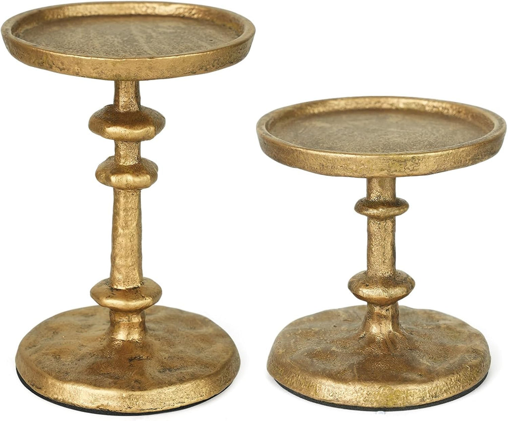Gold Cast Iron Pillar Candle Holders Set of 2 Farmhouse Candlesticks | Fireplace Mantel, Dinning Table Centerpieces