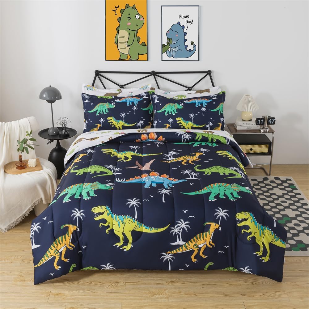7 Pieces Dinosaur Comforter Full Kids Jungle Dinosaur Bedding Set Bed in A Bag for Boys T-Rex Dino Comforter and