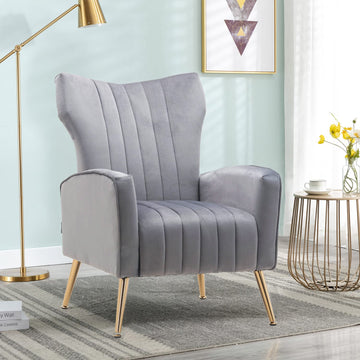 Velvet Accent Chair Modern Wingback Comfy Chair Tufted Reading Armchair with Gold Legs /Bedroom, Grey