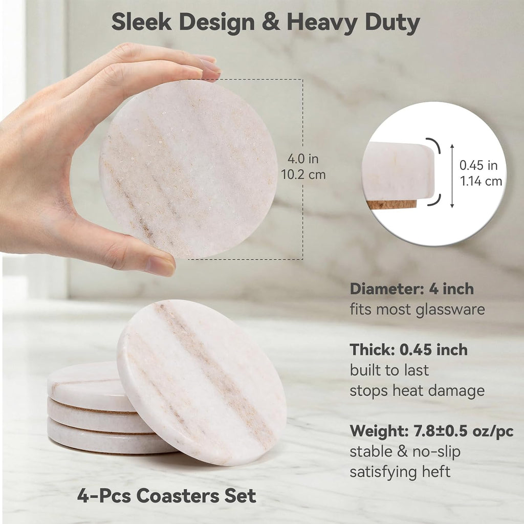 Cream White Marble Coasters, Modern Neutral Drink Coaster for Coffee Table, 4" Round Polished Natural White - Set of 4