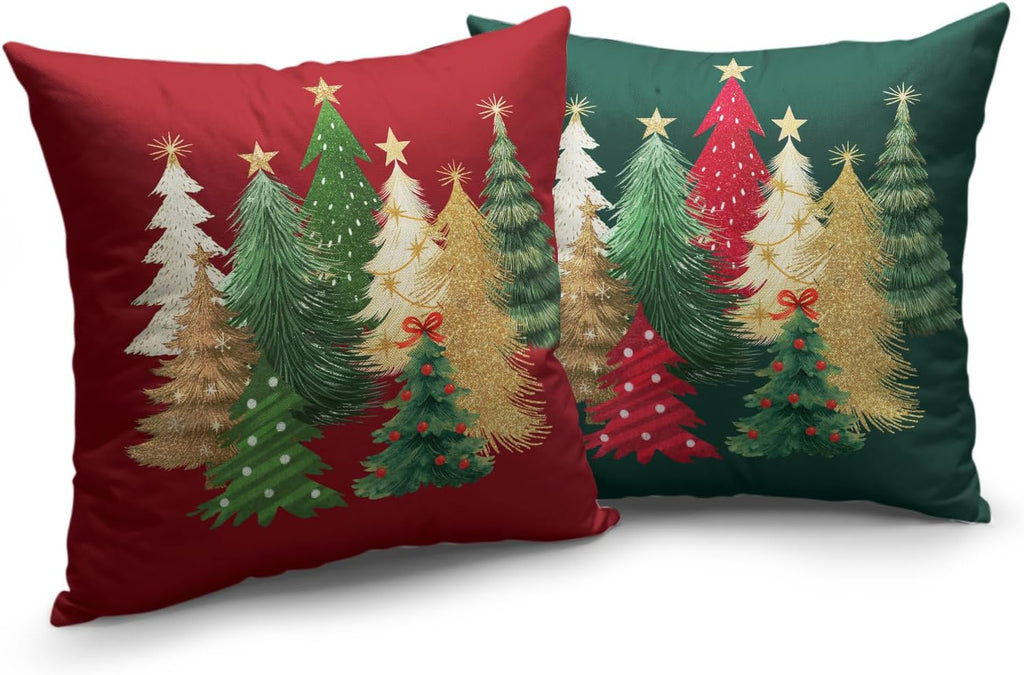 Green and Red Christmas Pillow Covers Colorful Xmas Tree Throw Pillow Covers 18x18 Winter Holiday Pillow - Set of 2