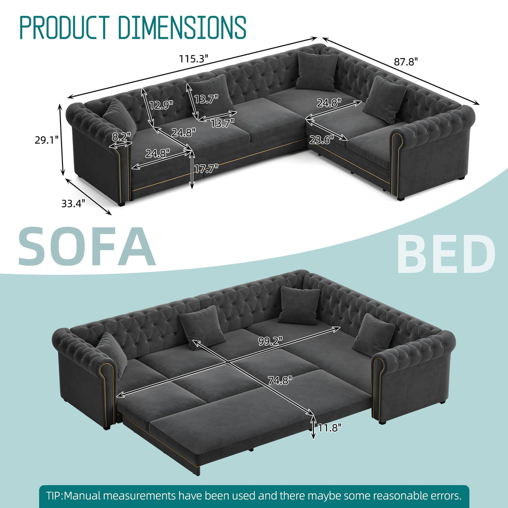 115.3" Sectional Sleeper Sofa with Pull Out Bed, Oversized Comfy Button-Tufted Velvet L Shaped Convertible Sleeper