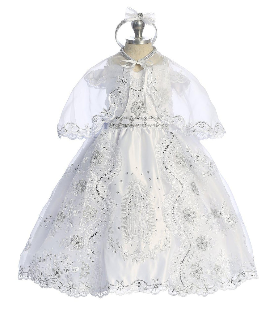 Virgin Mary Embroidery Cold Shoulder Rhinestones Wedding Baby Infant Girl Baptism Christening Dress (TR43K3) White 1