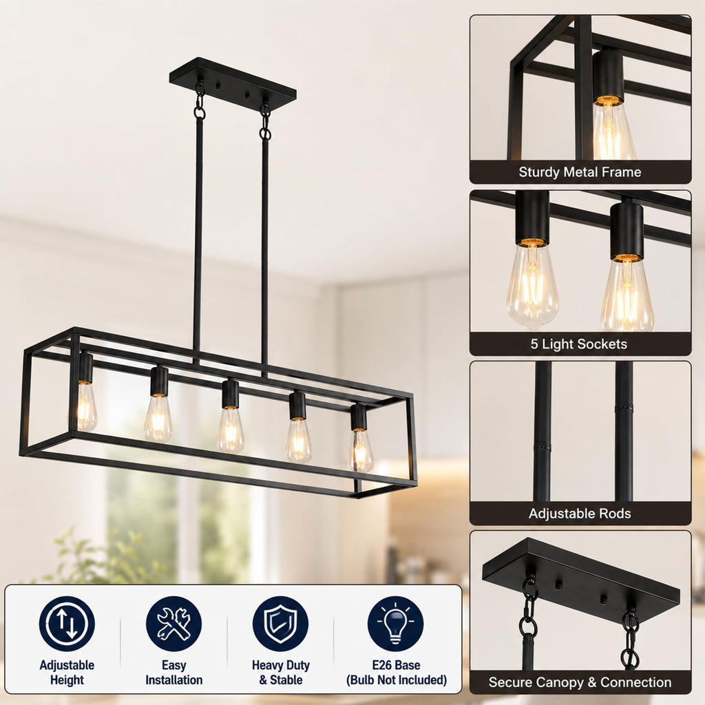 Black Farmhouse Kitchen Island Lighting, Modern Industrial Chandelier, 5-Light Linear Rectangular Pendant Light