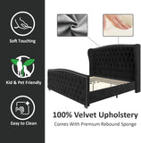Queen Platform Bed Frame, Velvet Upholstered Bed with Deep Button Tufted & Nailhead Trim Wingback Headboard/No Box