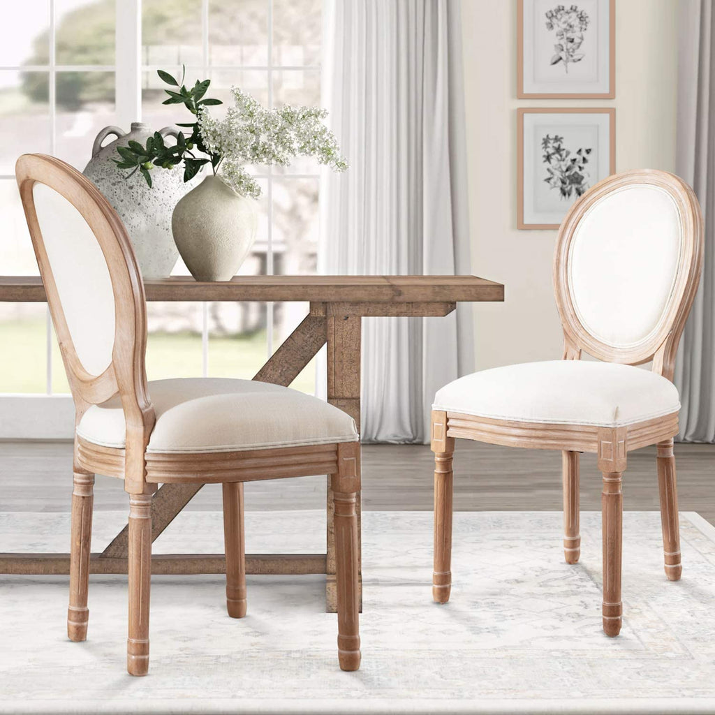 French Country Dining Chairs Set of 4, Farmhouse Fabric Chairs with Round Back, Solid Wood Legs, Oval Side Chairs