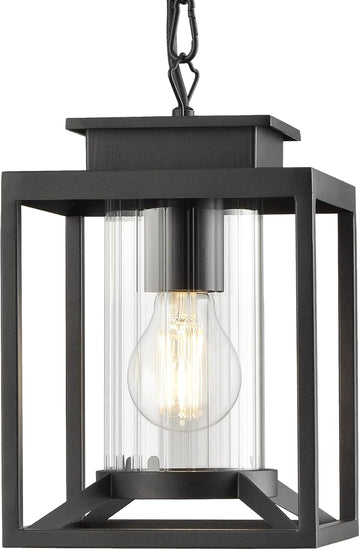 Outdoor Pendant Light for Porch, 1-Light Black Hanging Porch Light Modern Exterior Hanging Lantern with Cylinder