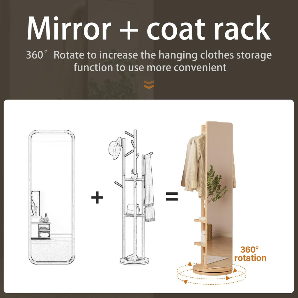 Full Length Mirror Coat Rack Solid Wood Floor Mirror 66"x12" Full Length Mirror with Stand Long Mirrors (Natural, 66"