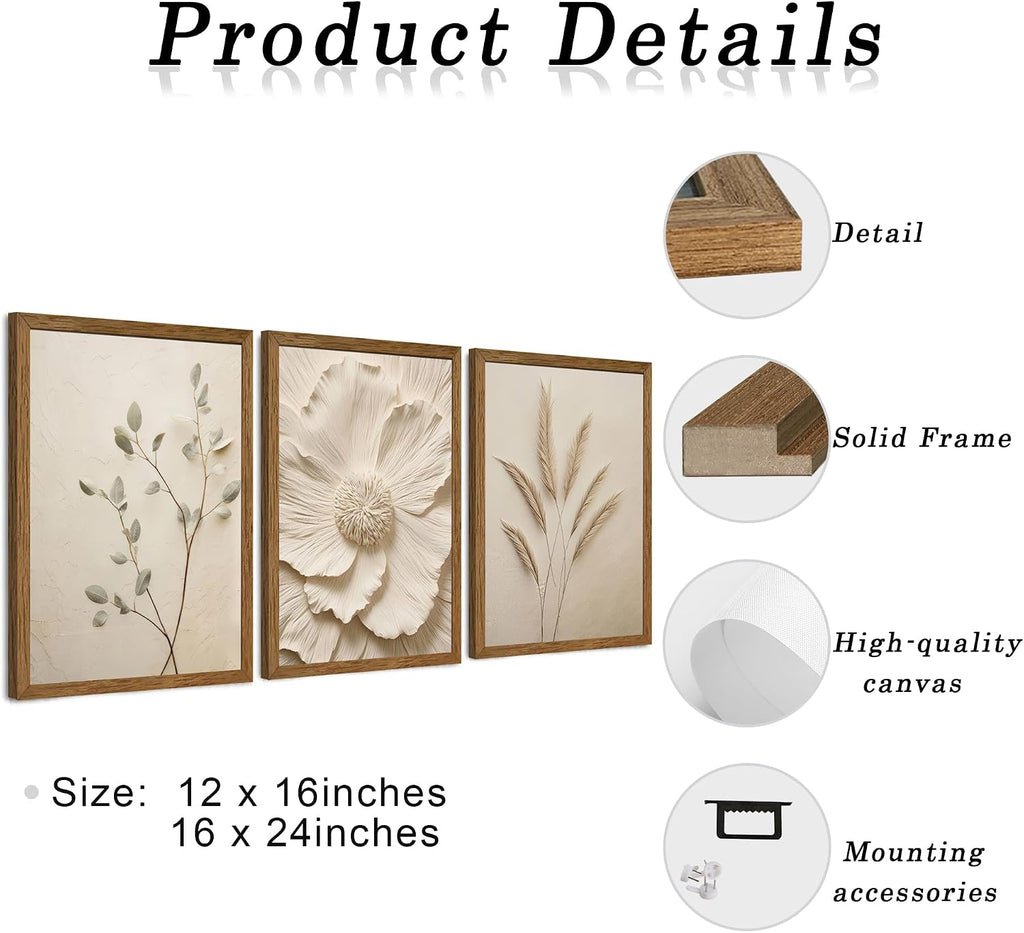3 Piece Framed Neutral Beige Floral Canvas Wall Art, Modern Simple Texture Blossom Wall Decor, Vintage Botanical