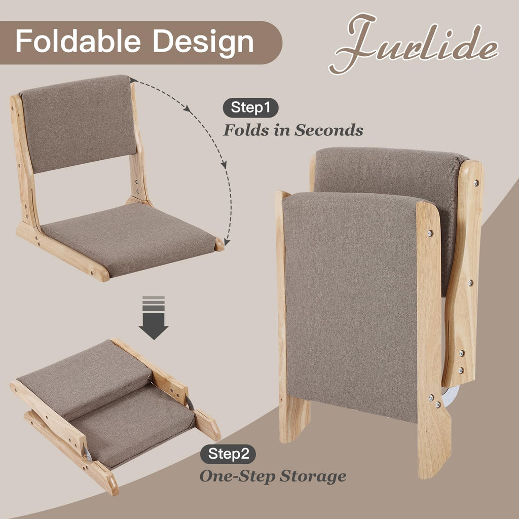 Foldable Floor Chair with Back Support, Wood Grey, No Assembly