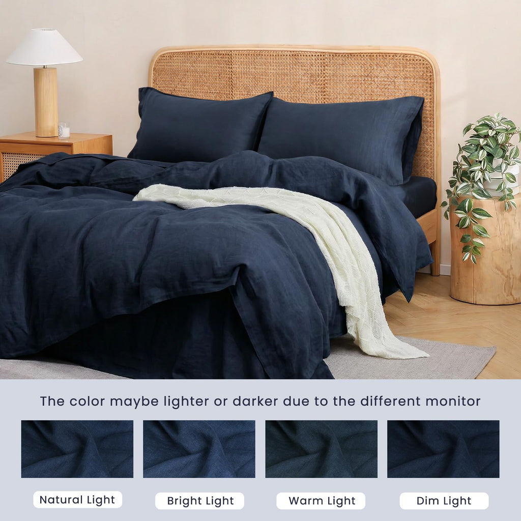100% Organic Linen Duvet Cover Set, Stonewashed French Flax Bedding Set 3pcs, 1 Comforter Cover+2