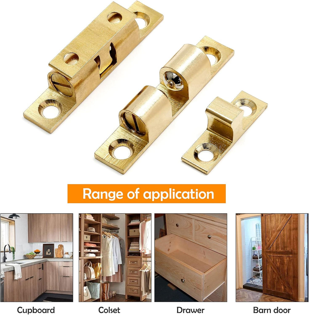 10 Pcs Solid Brass Cabinet Door Catch, Dual Ball Tension Latch 2" Closet Ball Roller Catch Latch with Screw (Gold, 50mm)