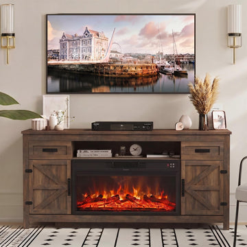Fireplace TV Stand, 70" Farmhouse TV Stand with Barn Door for 80" TVs, Entertainment Center with Black Fireplace &