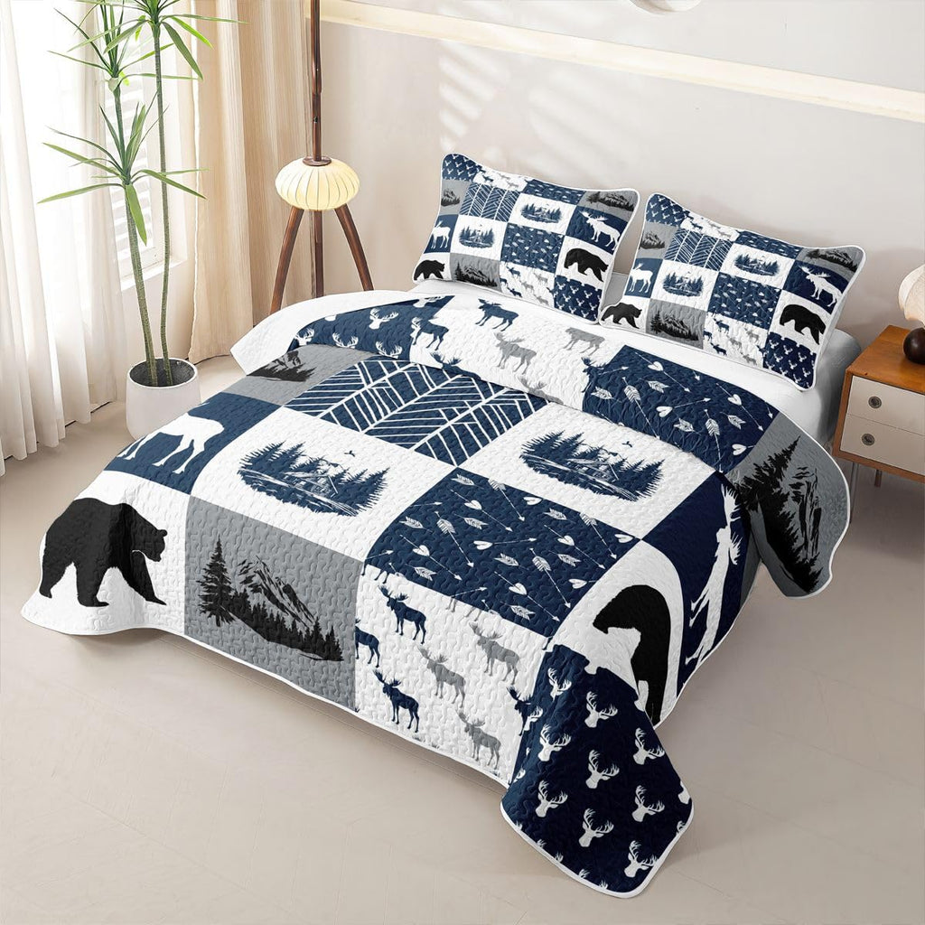 Elk Quilt Set Bear Quilt Deer Head Moose Arrow Cabin Quilted Bedspread Plaid Geometric Blue White Coverlet