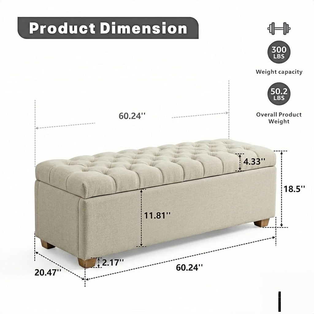 Modern Large Storage Bench Ottoman, Beige Chenille, 60 in | Oversized Long Seating, End of Foot of Bed Footstool