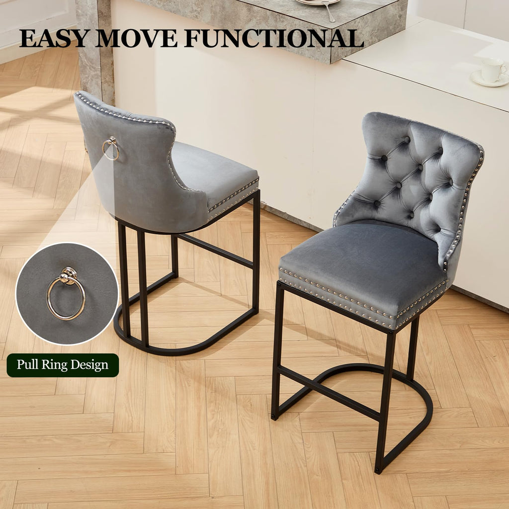 Counter Height Bar Stools Set of 2, 26" Modern Barstools with Back, Velvet Upholstery Counter Chairs with Metal Legs