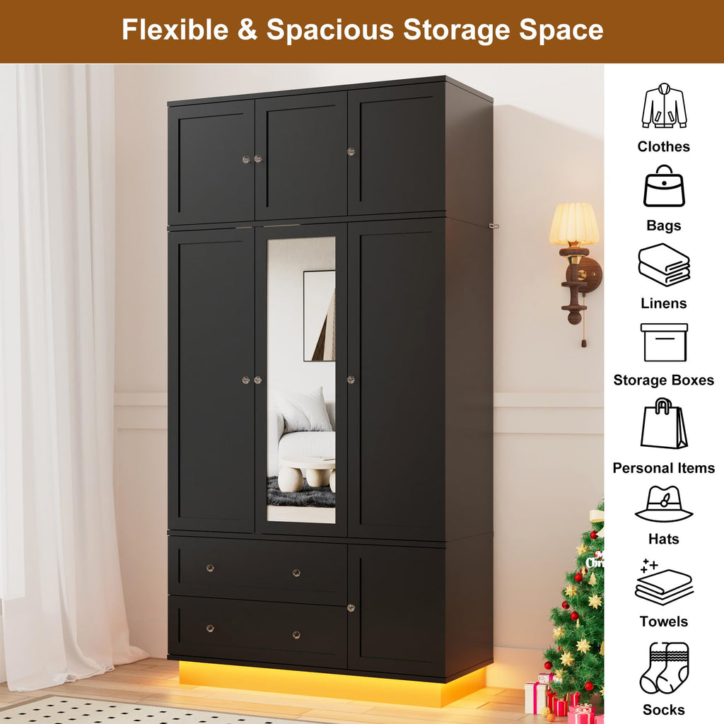92.2" Tall Armoire Wardrobe Closet with Mirror & Motion Sensor Light, Large Storage Cabinet with 2 Drawers, Hanging