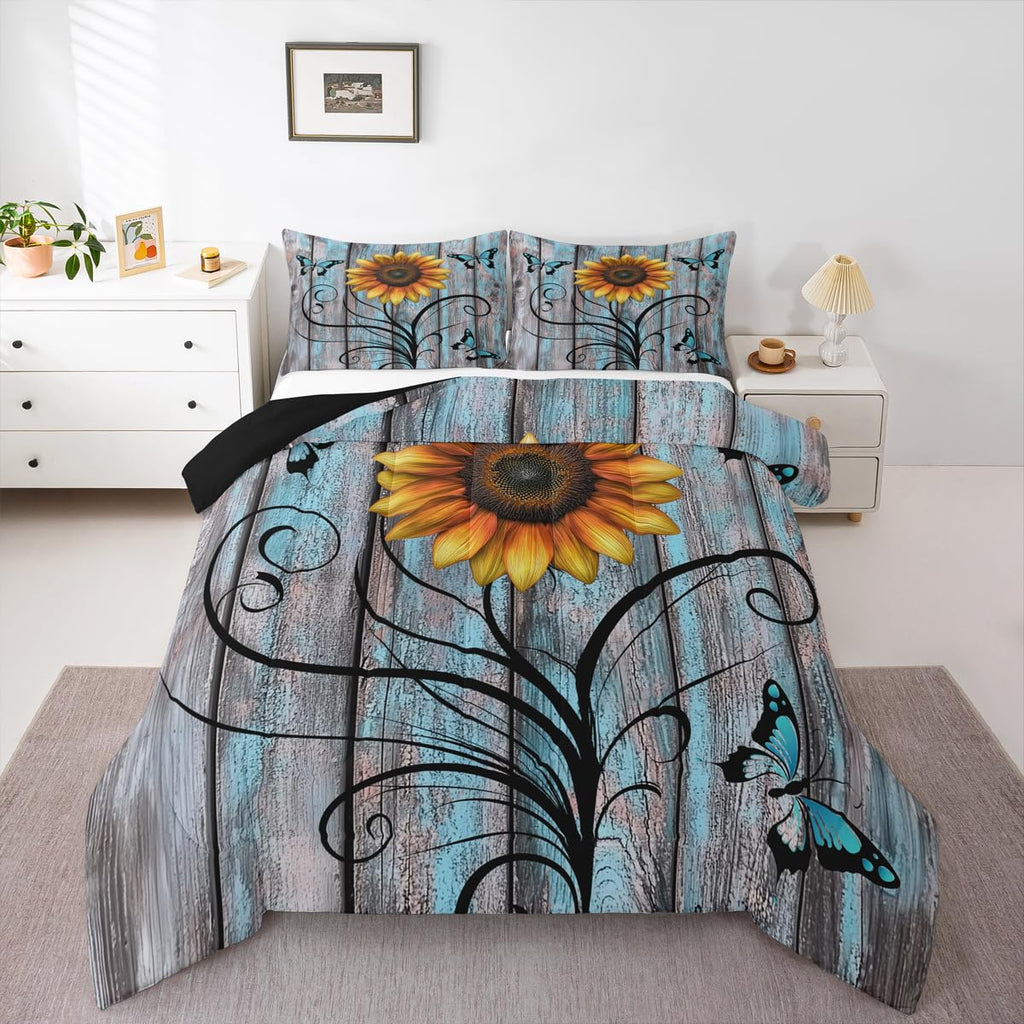 Yellow Sunflower Comforter Set, Butterfly Bedding Set Rustic Farmhouse