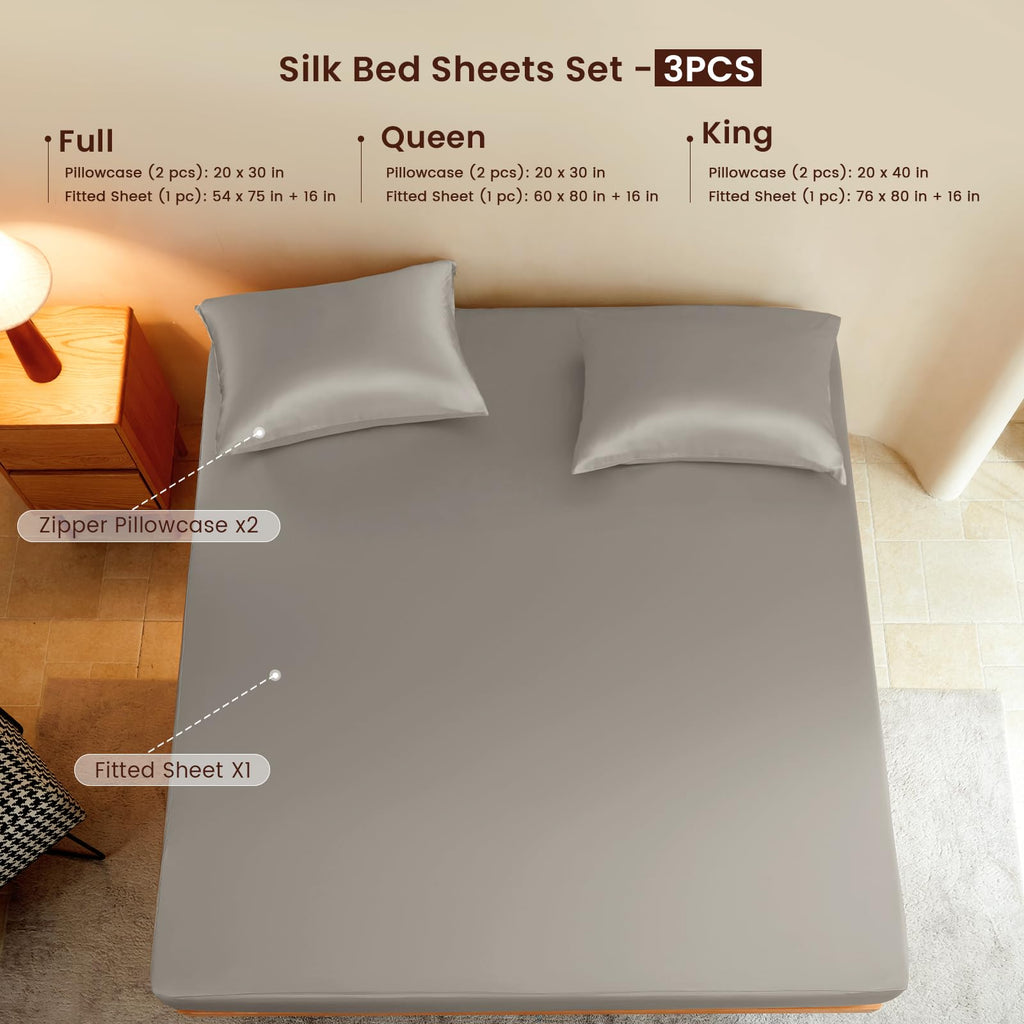 Luxury Mulberry Silk Fitted Sheet Set 3 Pcs, Silk Bed Sheet Set with 16" Deep Pockets, Soft & Cooling Sheets, 1