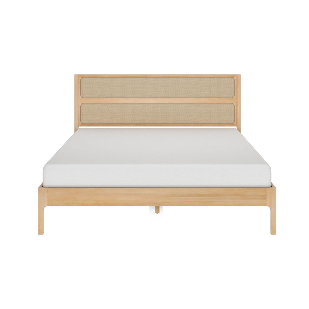 Elio Solid Pine Bed with Rattan Headboard, No Box Spring Needed, Wood Slat Roll Support, Metal Center Bar