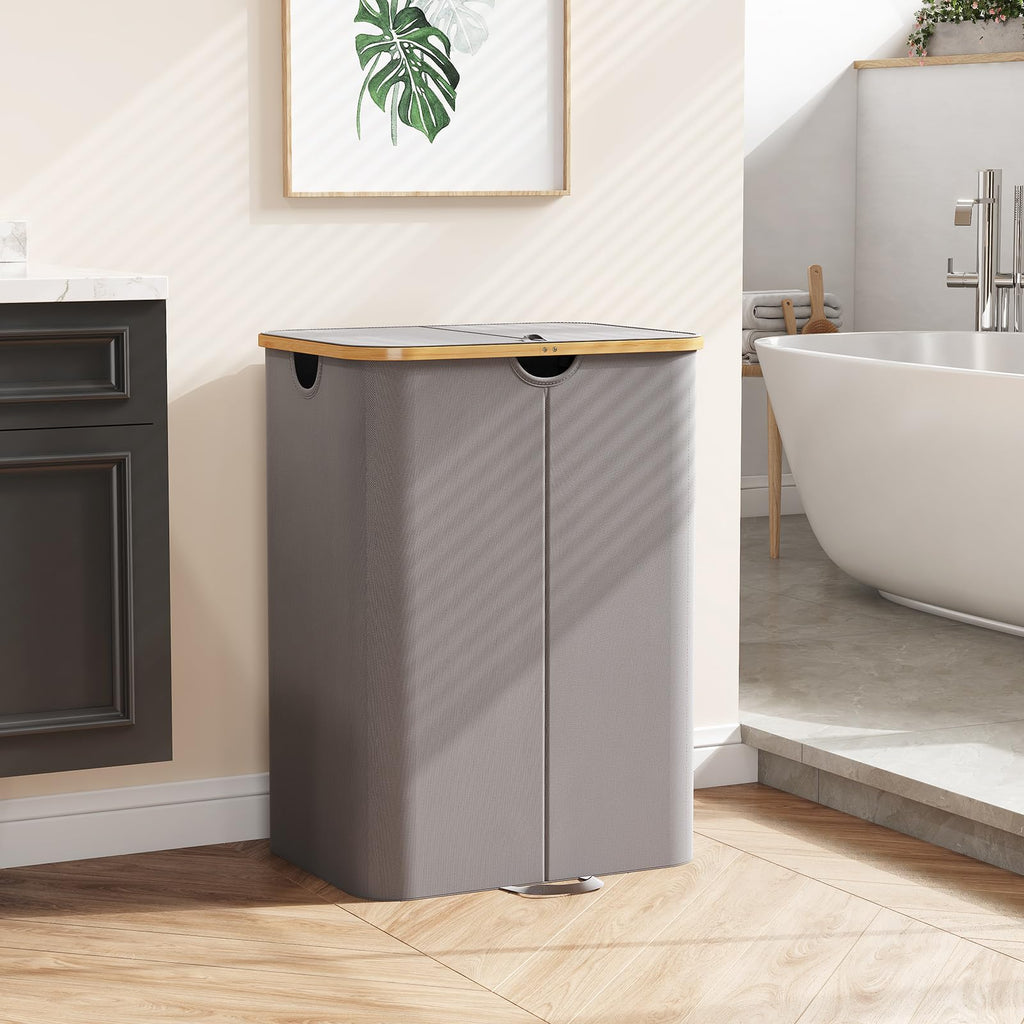 150L Double Laundry Hamper with Lid and Removable Bag, Gray