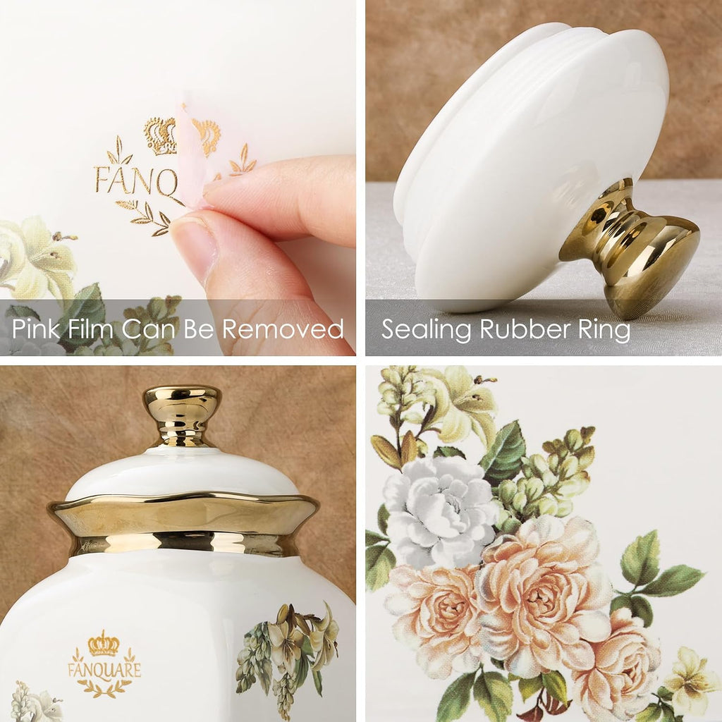 Floral Canisters with Gold Trim, Ceramic Decorative Countertop Jars, Farmhouse Porcelain Cookie Jar and Sugar Bowl - Set of 32