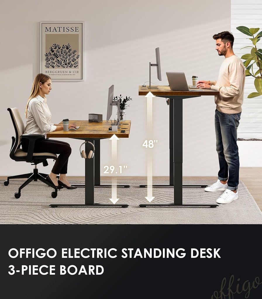 71" Executive Electric Standing Desk Height Adjustable, Rustic Brown | 1.38" Thick 3-Panel Desktop, Power Outlets, 3