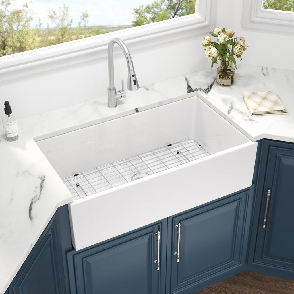 36 Inch White Farmhouse Sink - 36" x 20" Farm Kitchen Sink Undermount Singe Bowl Apron Front Fireclay Ceramic