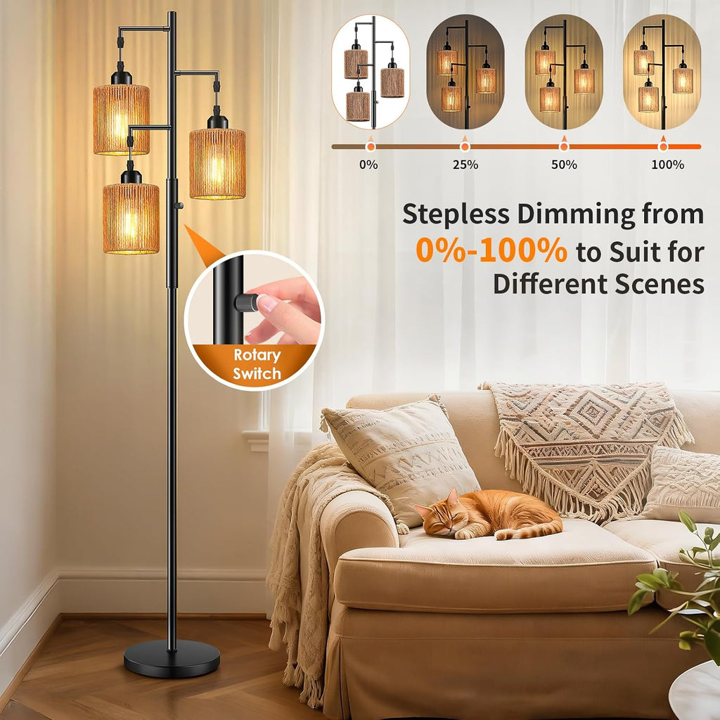 72" Boho Rattan Tree Floor Lamp, Tall Dimmable Industrial Standing Lamp, Corner Decor Accent Lighting, Cafe (3 x