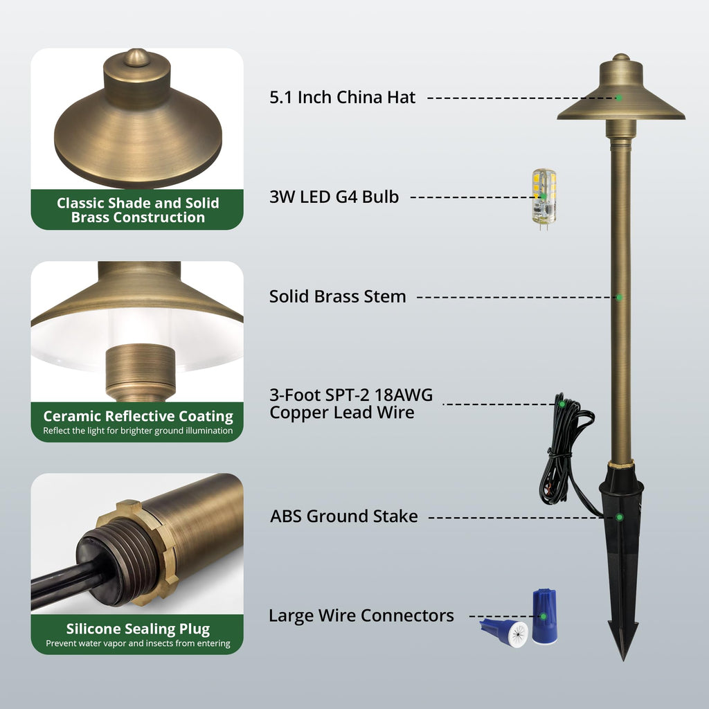 Solid Brass Landscape Path Lights (5" Shade, 20" Tall), Low Voltage LED 3W China Hat Path Lighting, Outdoor