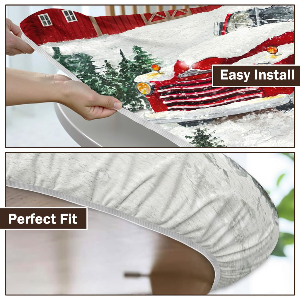 Christmas Round Fitted Tablecloth with Elastic Edge, Water-Resistant Wipeable Winter Snow Red Truck Farmhouse Xmas
