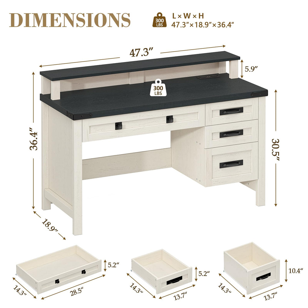47" Farmhouse Computer Desk with Drawers & Outlets