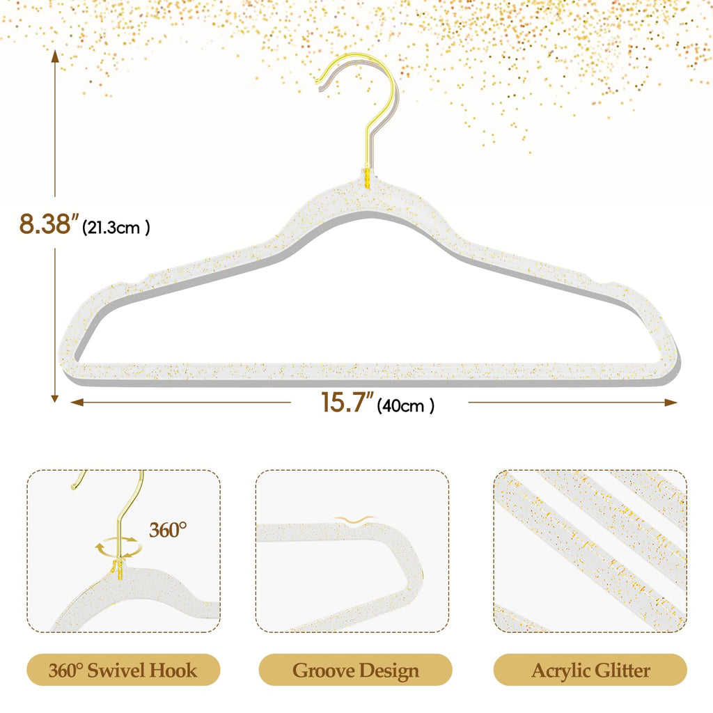 50 Pack Clear Acrylic Hangers with Gold Glitter, Space Saving
