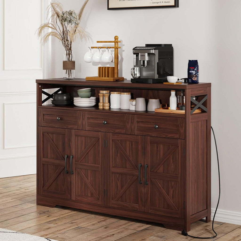 51" Dark Brown Buffet Sideboard Cabinet, Farmhouse Storage Cabinet Kitchen | Pantry with Shelf and Drawers, Wood