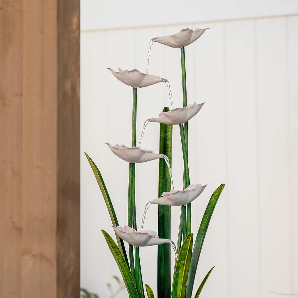 Metal Sculptural Multi-Tiered Flower Water Fountain, Black & White, 39" Tall