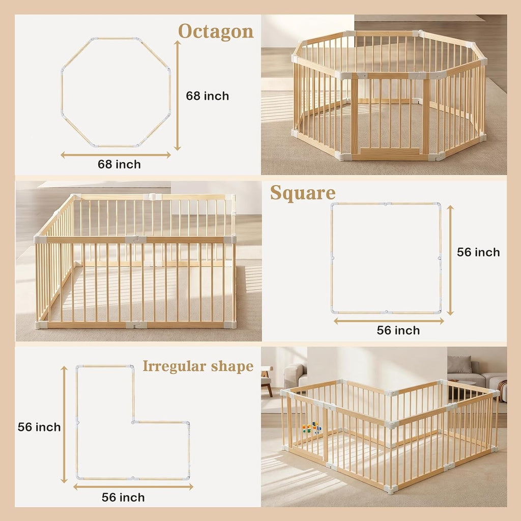 Baby Playpen, Wooden Play Yard with Gate, Playpen for Babies and Toddlers, Baby Activity Center with Child-Proof