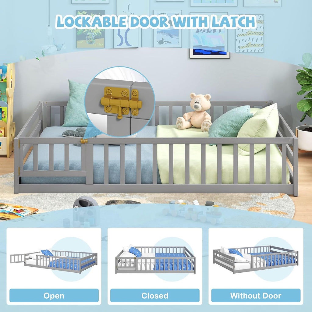 Full Floor Bed with Door & Fence, Kids Wood Montessori Beds with Safety Guardrails, Floor Bed Twin for Kids, Boys