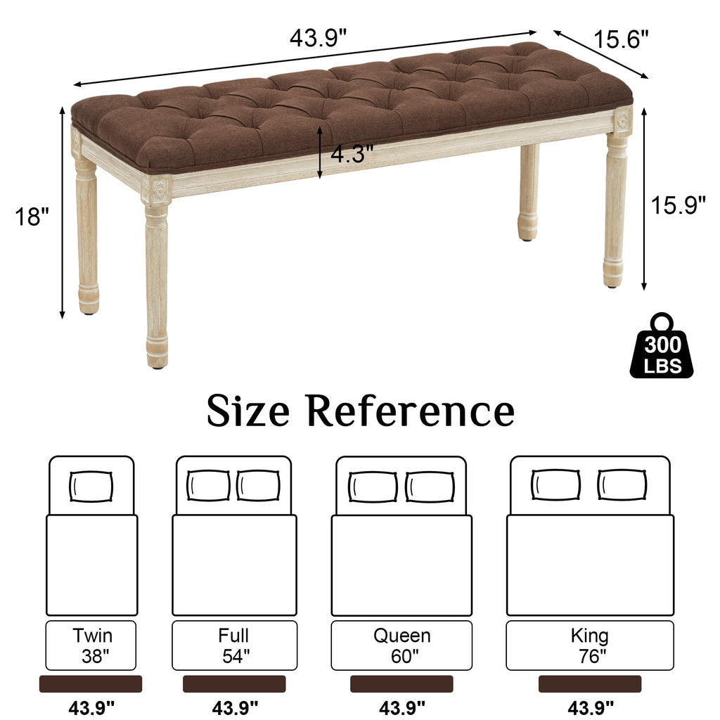 43.9" Linen End of Bed Bench, Vintage Bedroom Bench, Brown