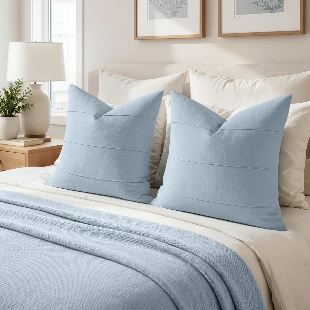 Decorative Linen Throw Pillow Covers 20x20 Light Blue Striped