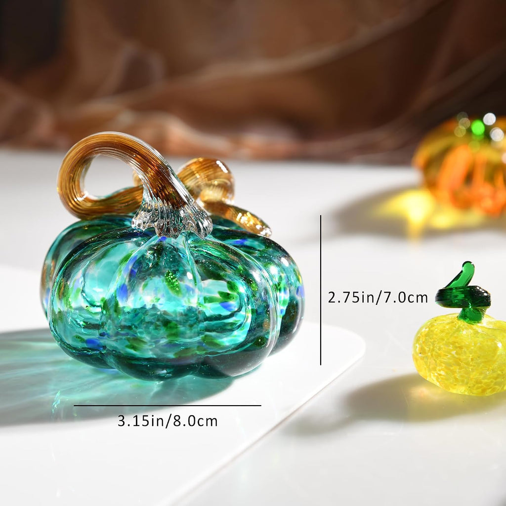 Hand Blown Glass Pumpkin Figurines Collectibles, 3.15" Turquoise Blue Crystal Pumpkin Decorations for Fall Harvest