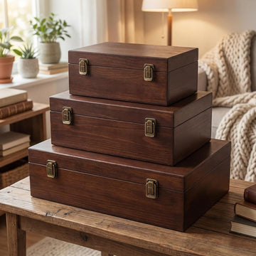 Wooden Decorative Storage Boxes with Lids Vintage Wood Organizer Bins for Your Bookshelf Home Decor Safely - Set of 3