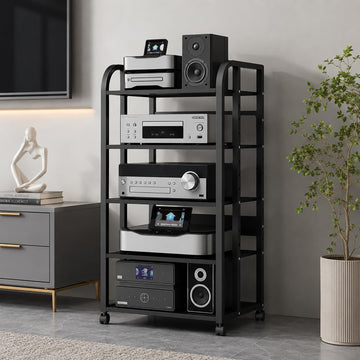 5 Tier Av Media Stand with Wheels, 39in Adjustable Audio Rack