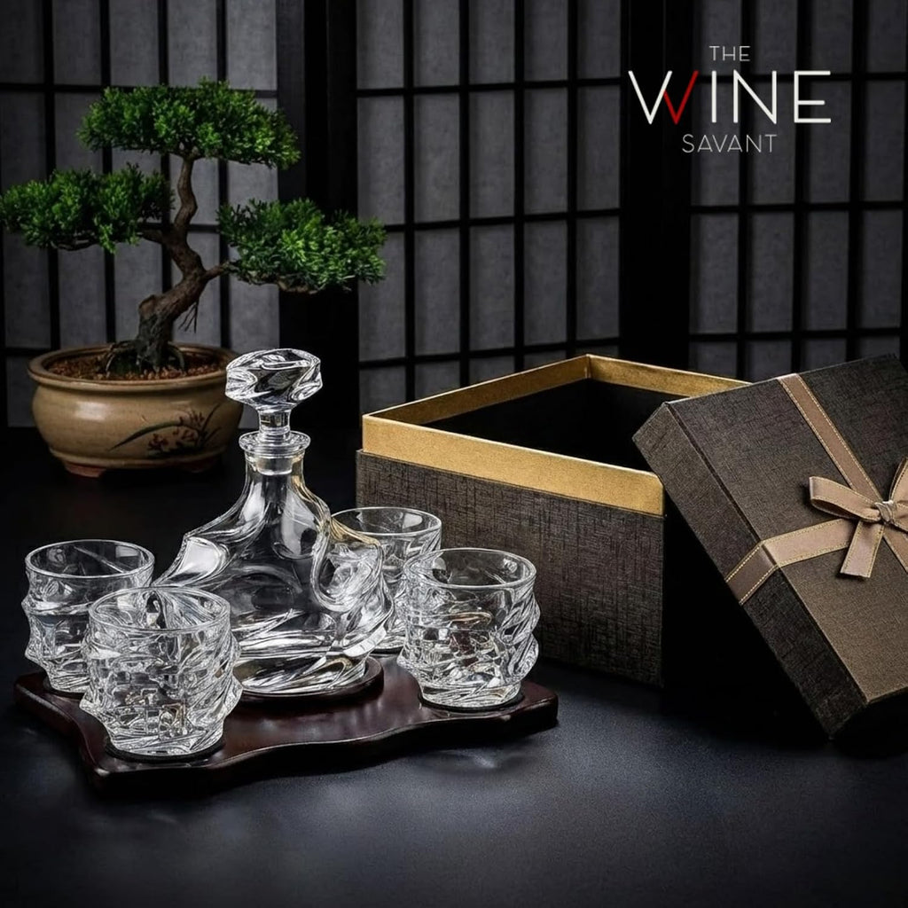 Storm Japanese Crystal Whisky Decanter Set with 4 Tumbler Glasses, Lead-Free Liquor Carafe & 10oz Rocks Glasses