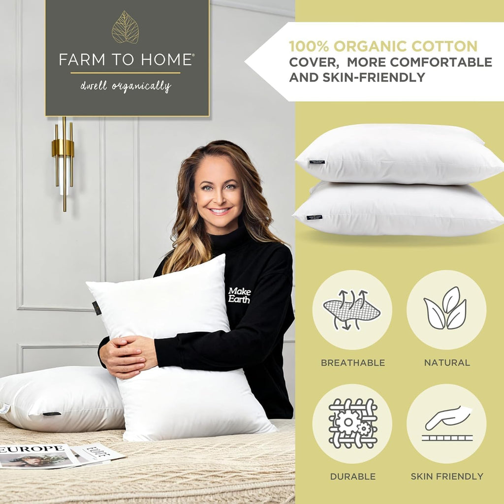 100% Organic Cotton Cover Pillows Queen/Jumbo Size Set of 2 | Down Alternative Fill, Hotel Collection Pillow, Soft