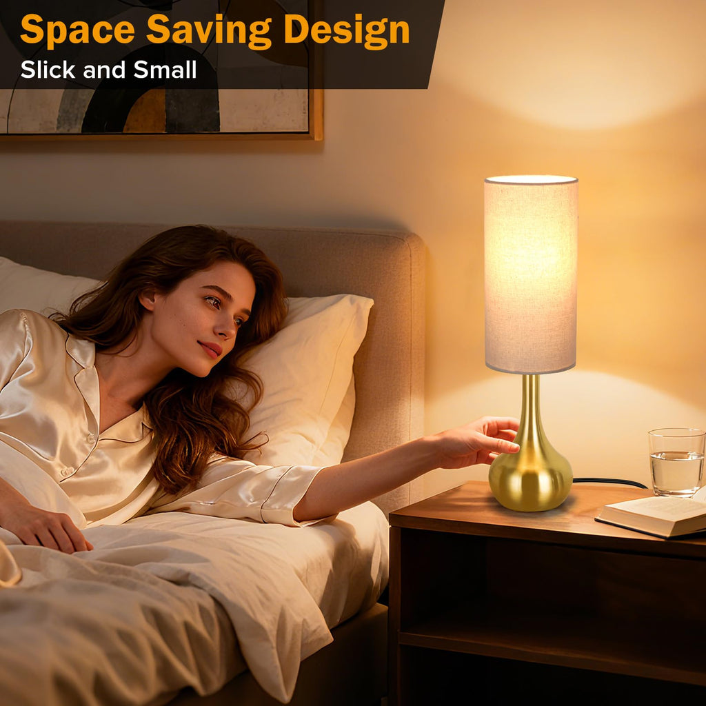 Touch Gold Table Lamp for Nightstand, 3-Way Dimmable, Space Saving & No Assembly Required, Upgraded Small Bedside