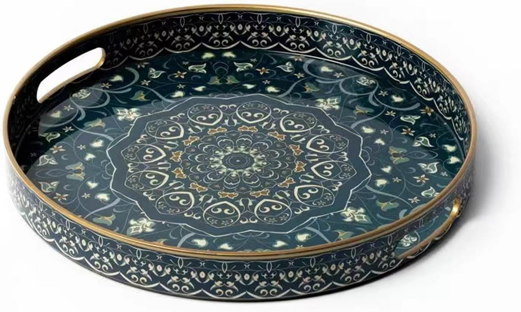 Round Serving Tray with Handles - Large Round Ottoman Tray Coffee Table Tray,Plastic Decorative Serving Trays for