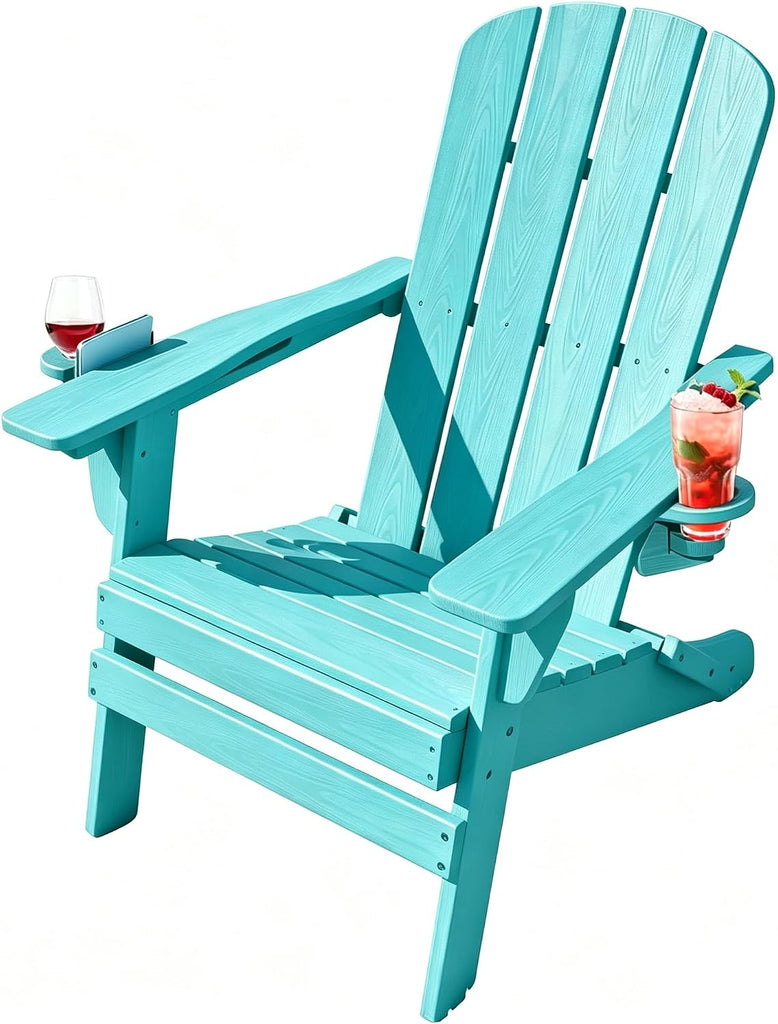 Folding Adirondack Chairs Set with Cup Holder, All-Weather Resistant HDPE Patio Firepit Chairs, Foldable Sturdy